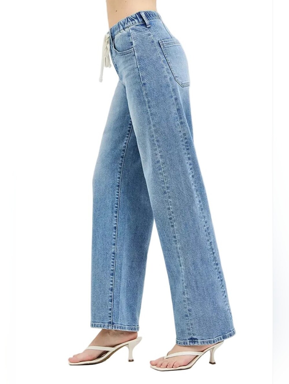 Risen High-Waist Drawstring Elastic Waist Relaxed Fit Panel Wide-Leg Denim Jeans - Picture 4 of 15